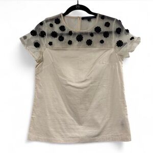 French Connection Ivory Mesh Top with Black Floral Appliqués